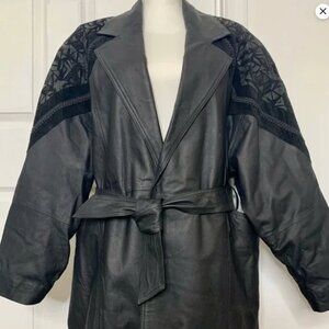 Vintage 80s 100% Leather s Trench Coat by Direct Action Suede Geometric Pattern